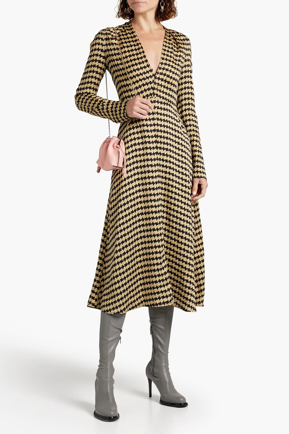 Victoria Beckham Pleated Printed Satin Midi Dress In Beige