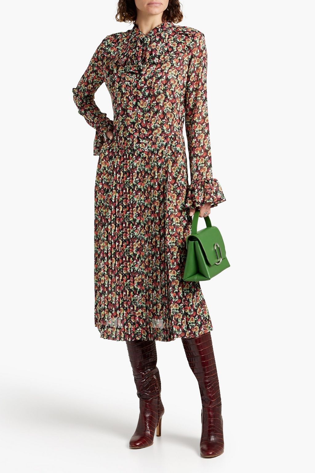 VICTORIA BECKHAM Pleated floral-print silk-chiffon midi dress