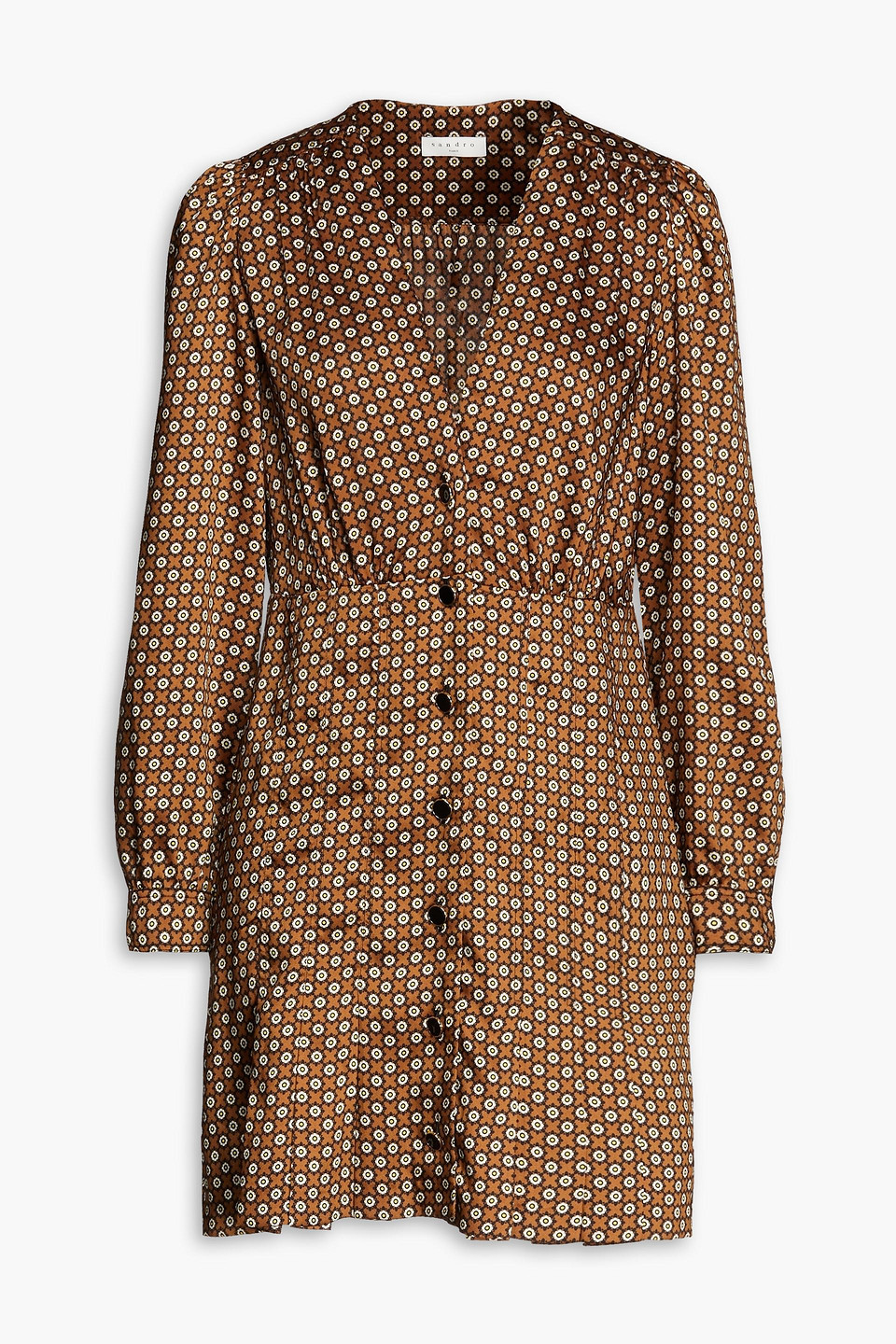 Sandro Gathered Printed Twill Mini Dress In Brown