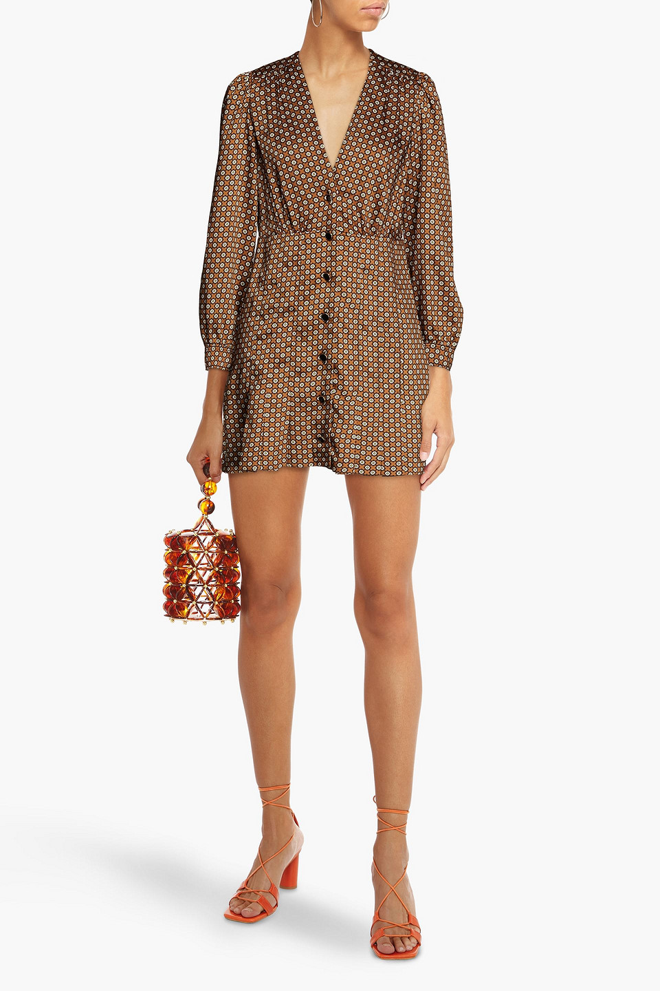 Shop Sandro Printed Twill Mini Dress In Brown