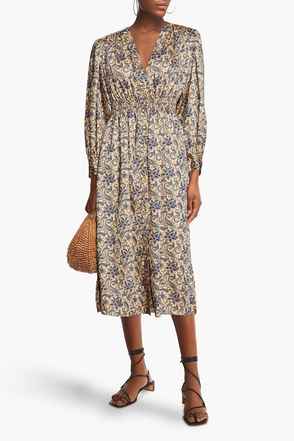 SANDRO Gathered paisley-print twill midi dress | THE OUTNET