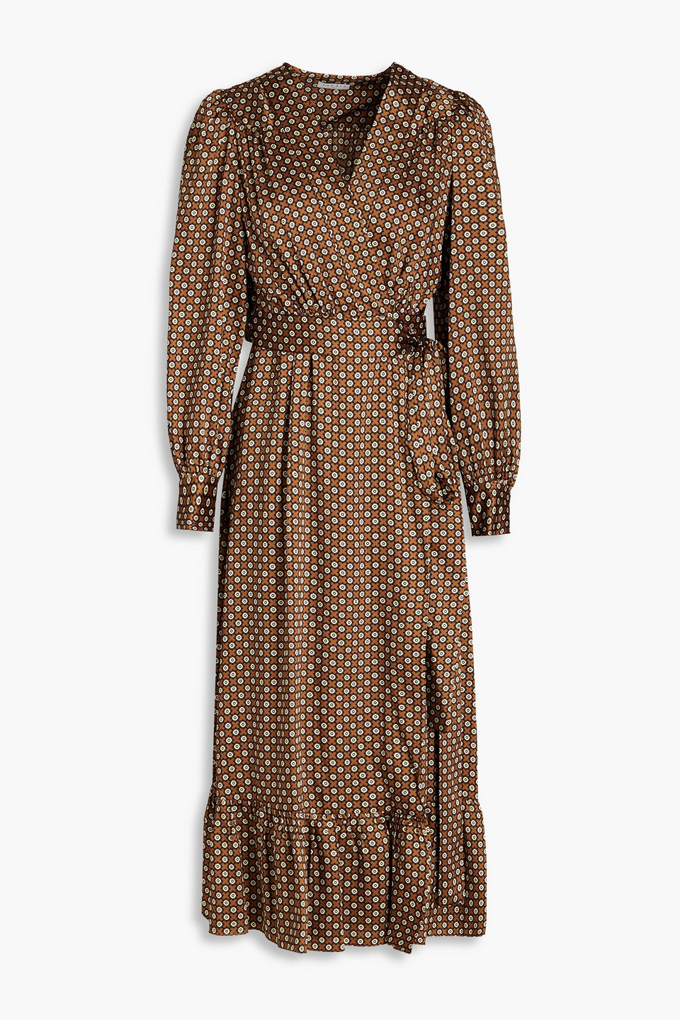 Sandro Janine Belted Printed Twill Wrap Dress In Brown