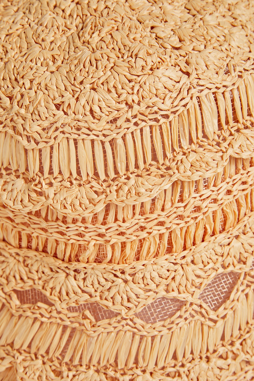Zimmermann Postcard Fringed Crocheted Straw Bucket Hat In Beige