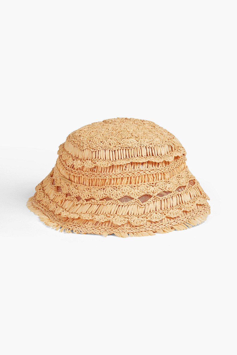 Zimmermann Postcard Fringed Crocheted Straw Bucket Hat In Beige