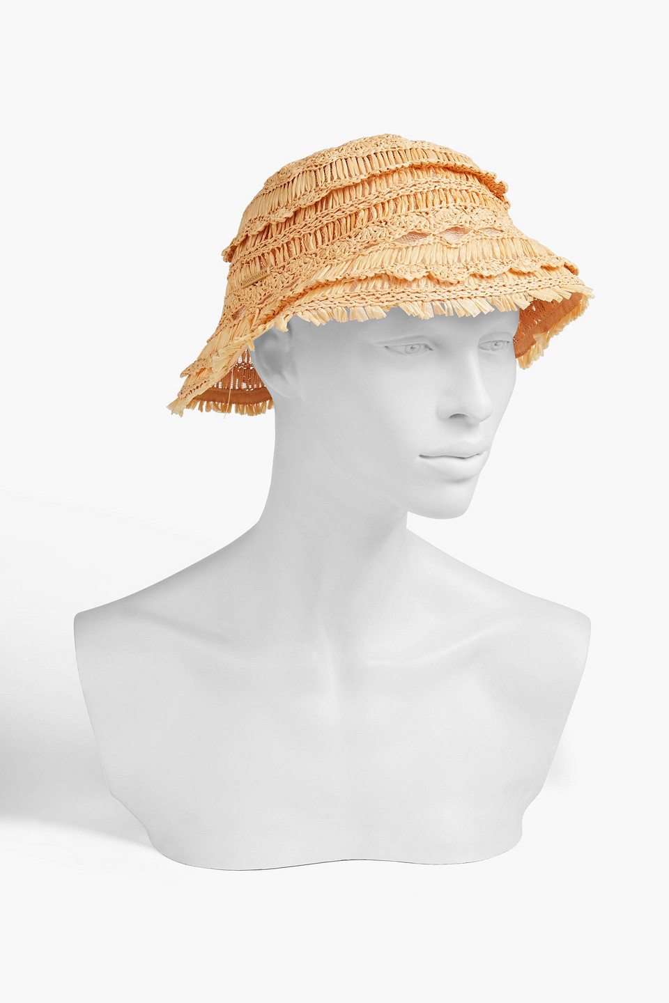 Zimmermann Postcard Fringed Crocheted Straw Bucket Hat In Beige