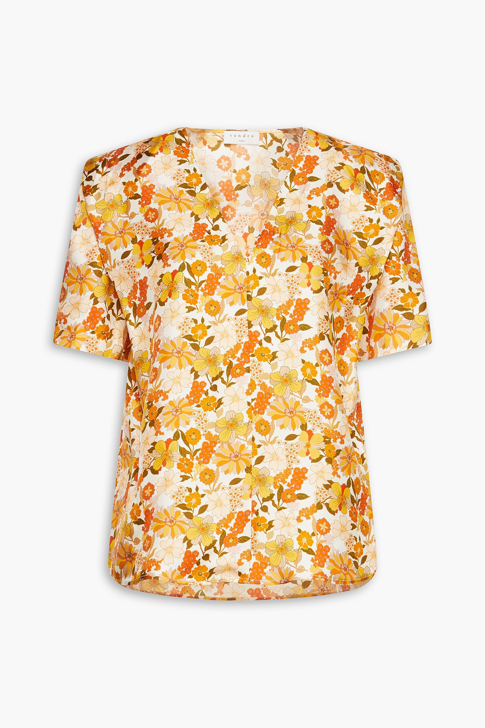 Sandro Floral-print Silk Satin-twill Blouse In Ecru