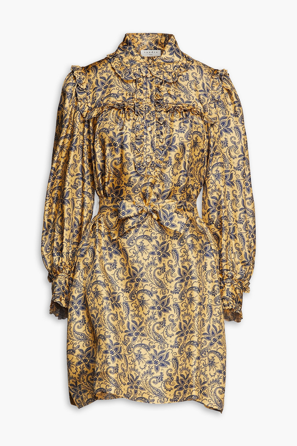 Sandro Belted Paisley-print Satin-twill Mini Dress In Mustard