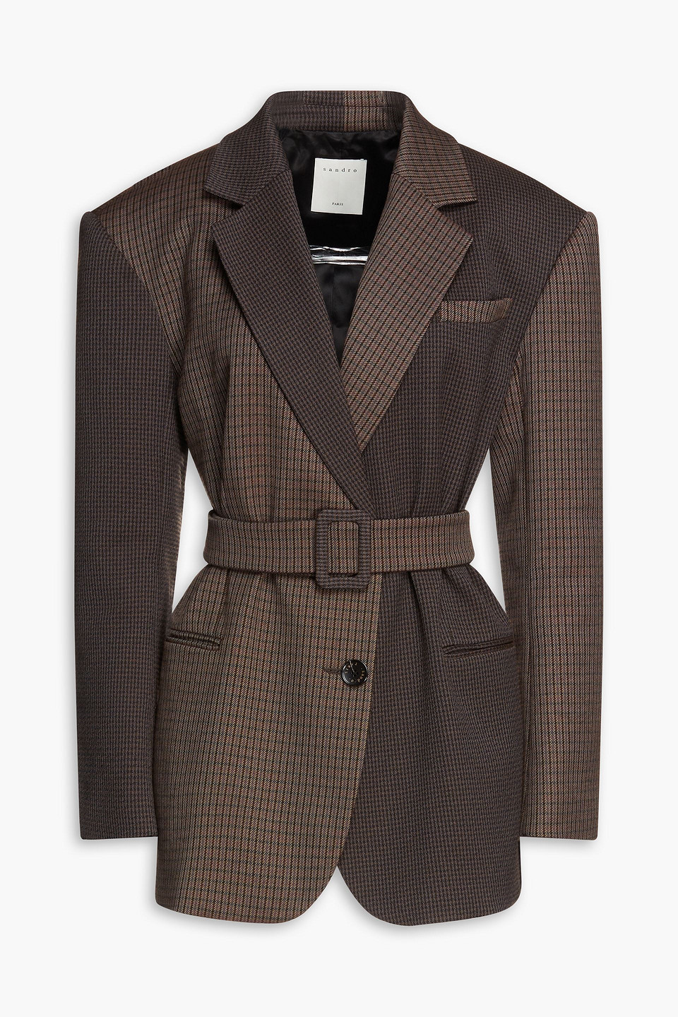 Sandro Sandra Belted Checked Jacquard Blazer In Black