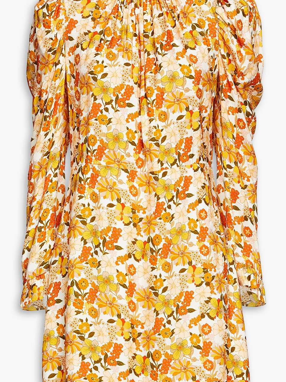 ruched floral-jacquard mini dress