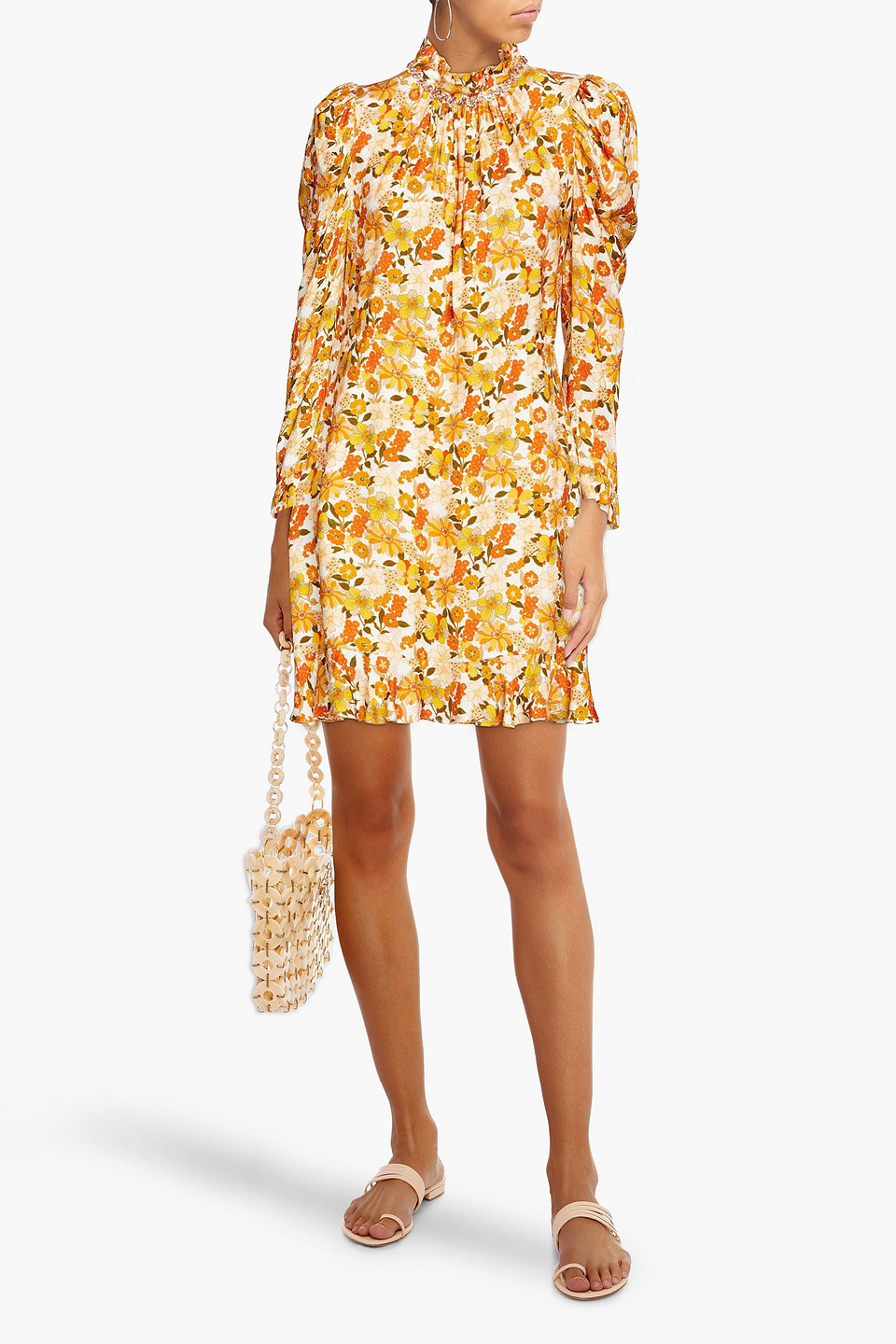 Shop Sandro Grace Ruched Floral-jacquard Mini Dress In Ecru