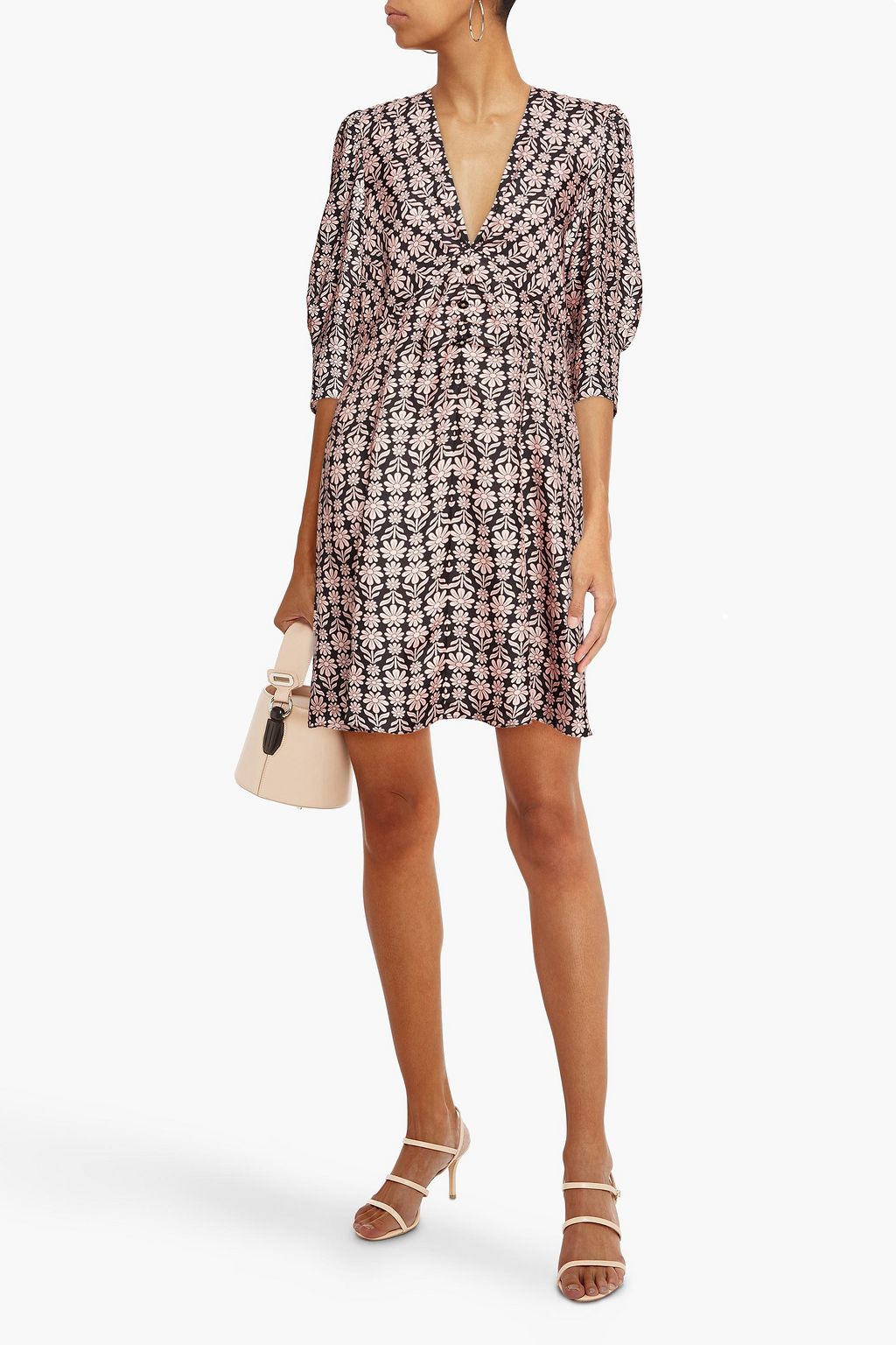 SANDRO Button-embellished floral-print silk-twill mini dress
