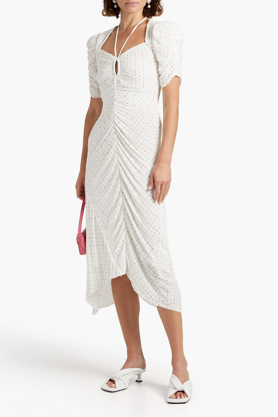 Frame Ruched Polka-dot Plissé Crepe De Chine Midi Dress In White