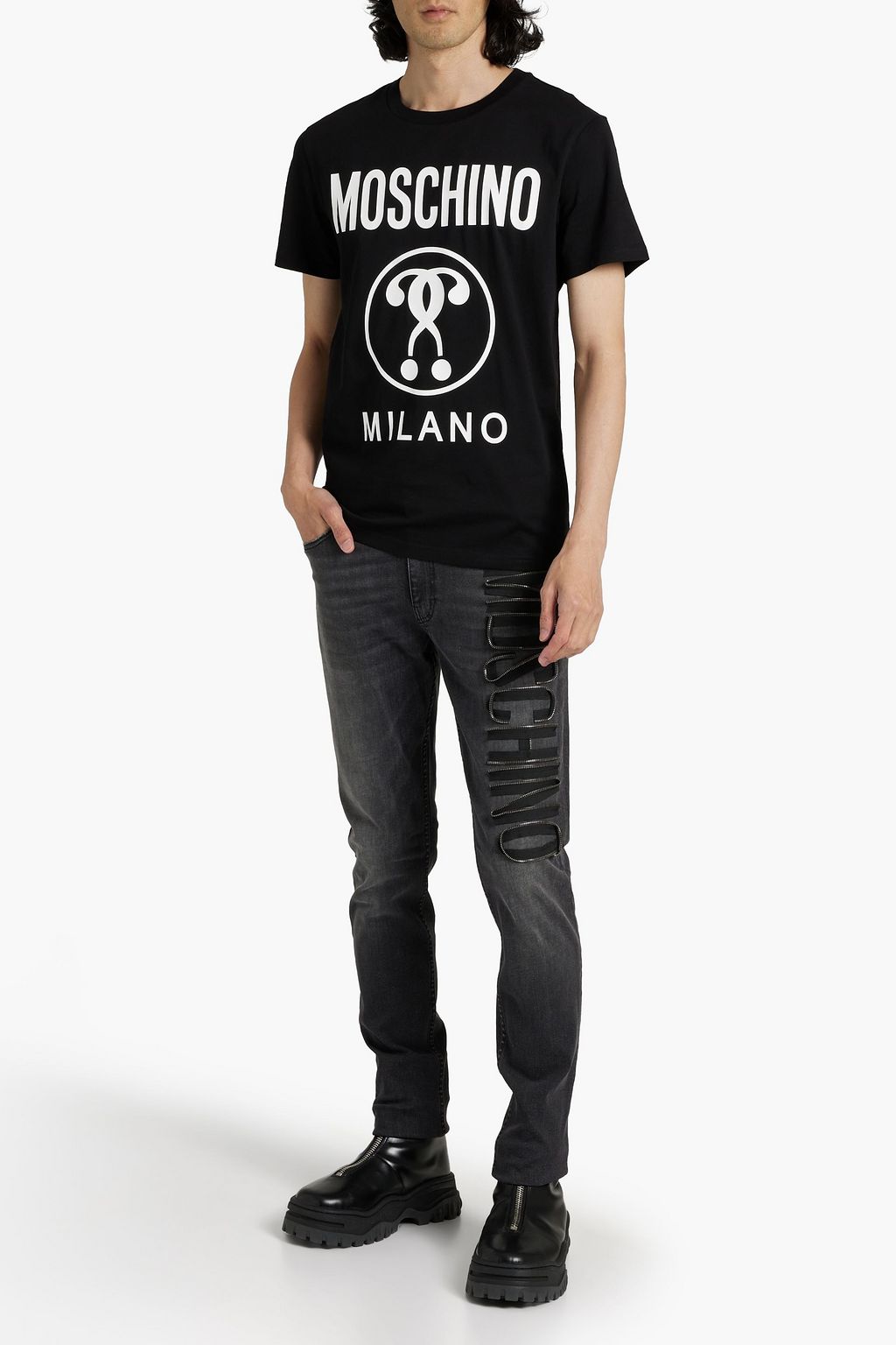 MOSCHINO Skinny-fit zip-detailed faded denim jeans
