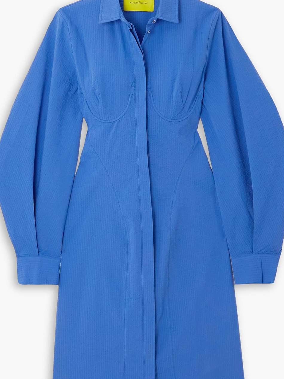 lace-up cotton-seersucker mini shirt dress