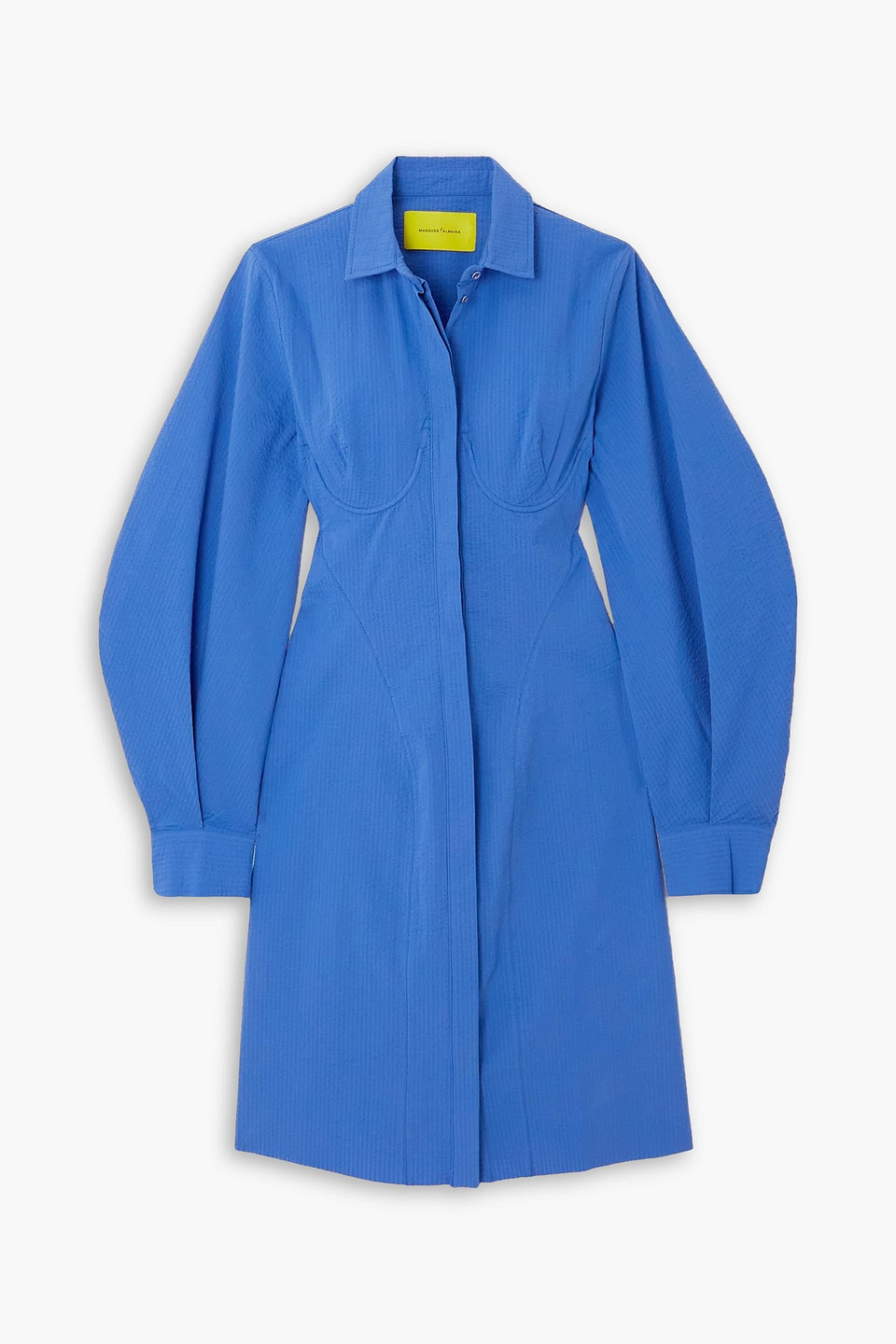 Marques' Almeida Lace-up Cotton-seersucker Mini Shirt Dress In Blue