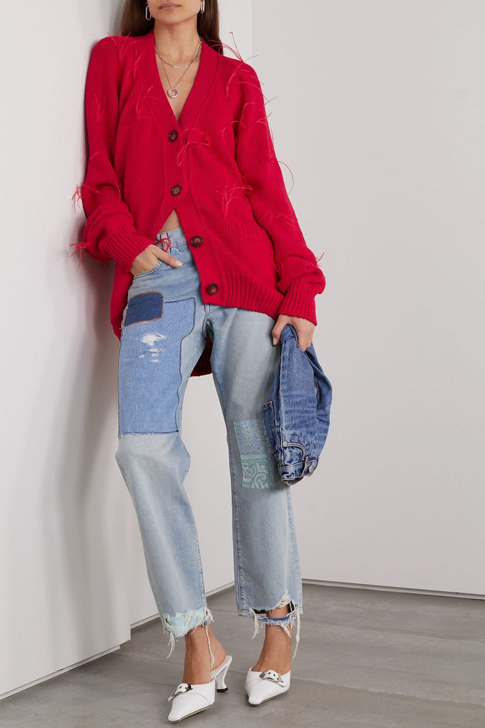 MARQUES' ALMEIDA OVERSIZED FEATHER-TRIMMED COTTON CARDIGAN