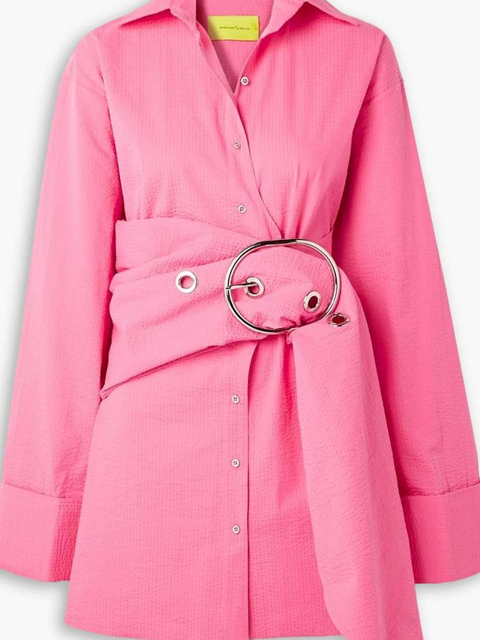 belted cotton-seersucker mini shirt dress
