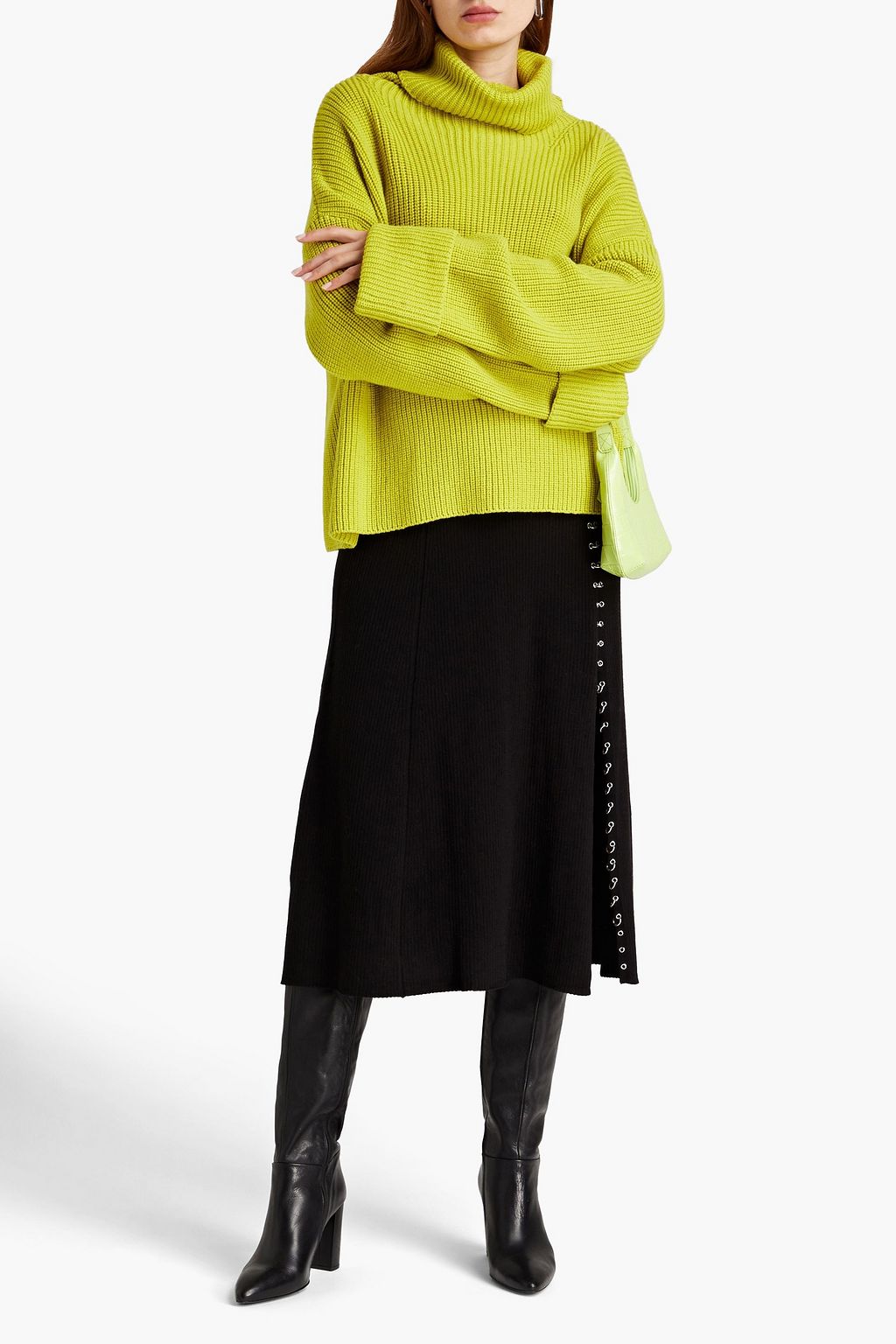 MAJE Eyelet-embellished ribbed-knit midi skirt