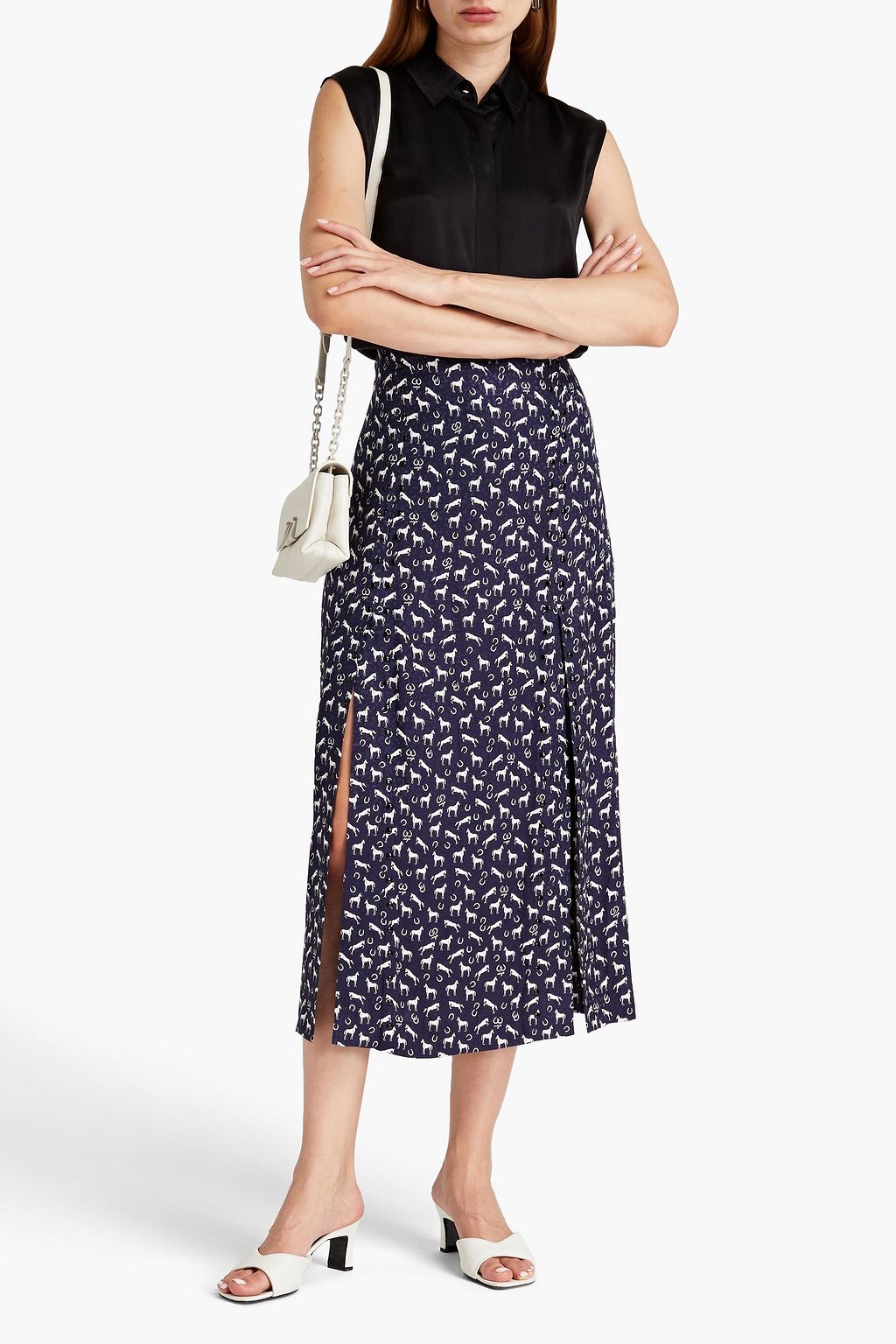 MAJE Studded printed jacquard twill midi skirt