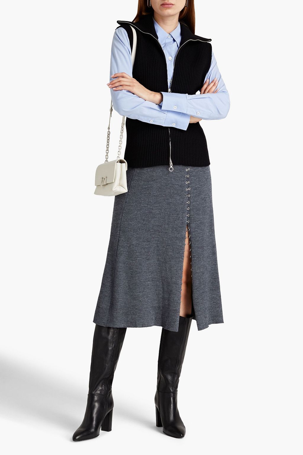 MAJE Jupitta eyelet-embellished ribbed-knit midi skirt