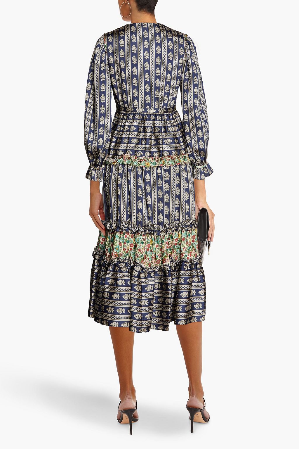 SANDRO Gathered printed satin-twill midi dress