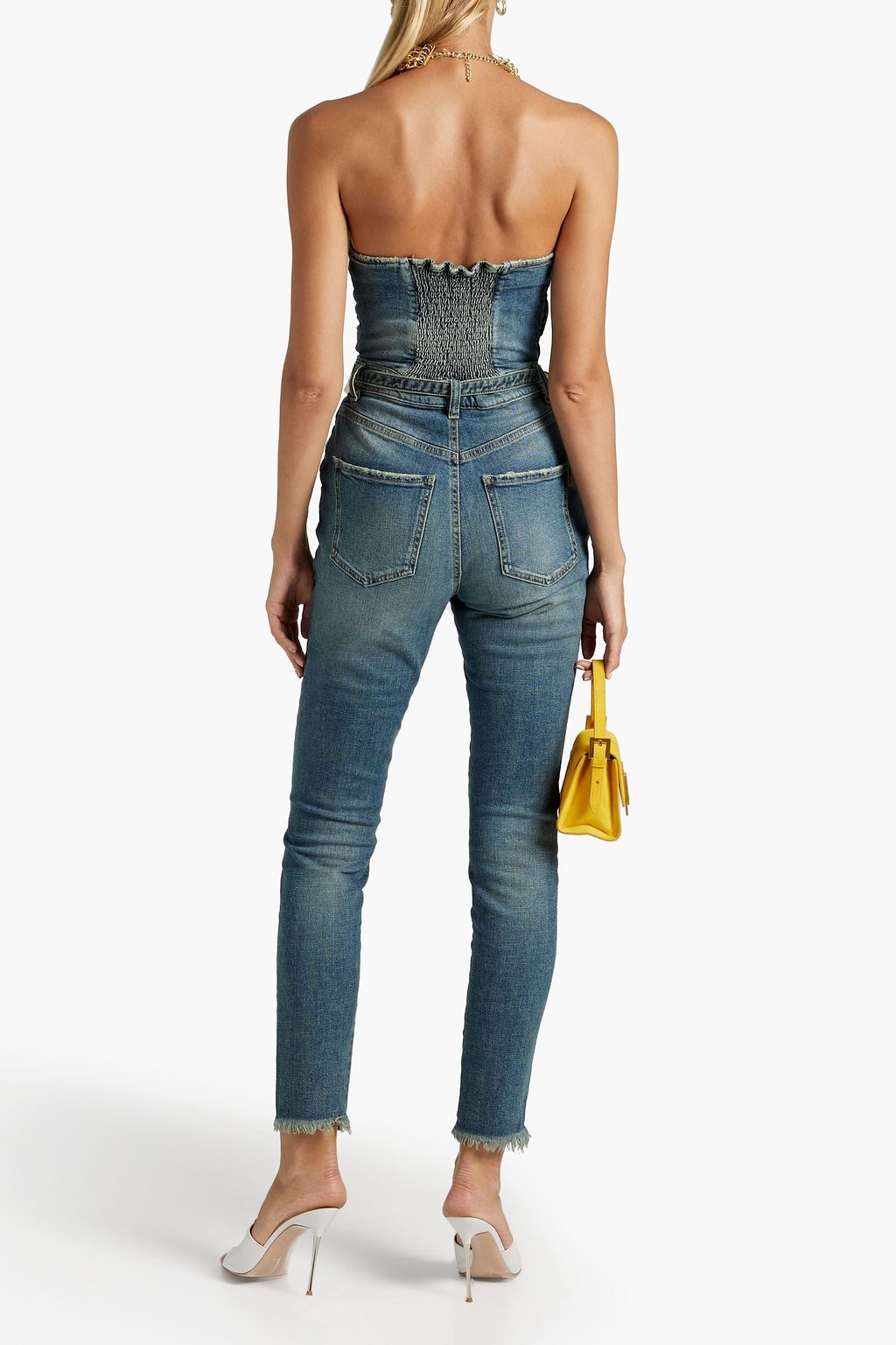 RETROFÊTE Dree strapless belted denim jumpsuit