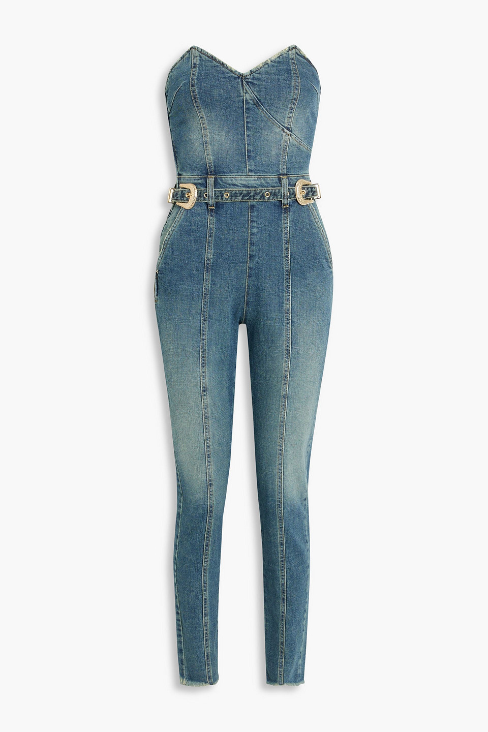retrofête - dree strapless belted denim jumpsuit - blue - 25