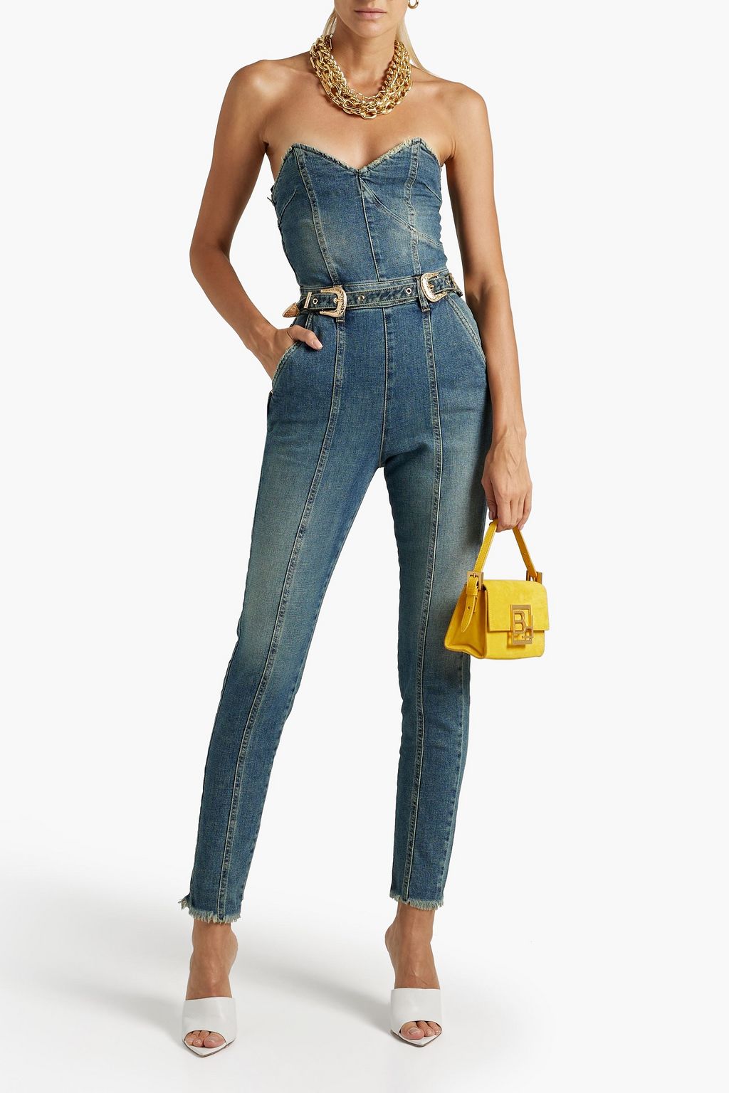 RETROFÊTE Dree strapless belted denim jumpsuit