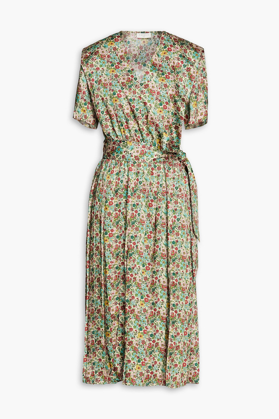 Sandro Belted Gathered Floral-print Satin-twill Midi Dress In Leaf Green | ModeSens Sandro Belted Gathered Floral-print Satin-twill Midi Dress In Leaf Green | ModeSens