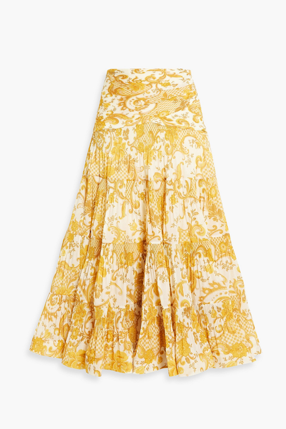 ZIMMERMANN TIERED PRINTED PLISSÉ-ORGANZA MIDI SKIRT,3074457345632582688