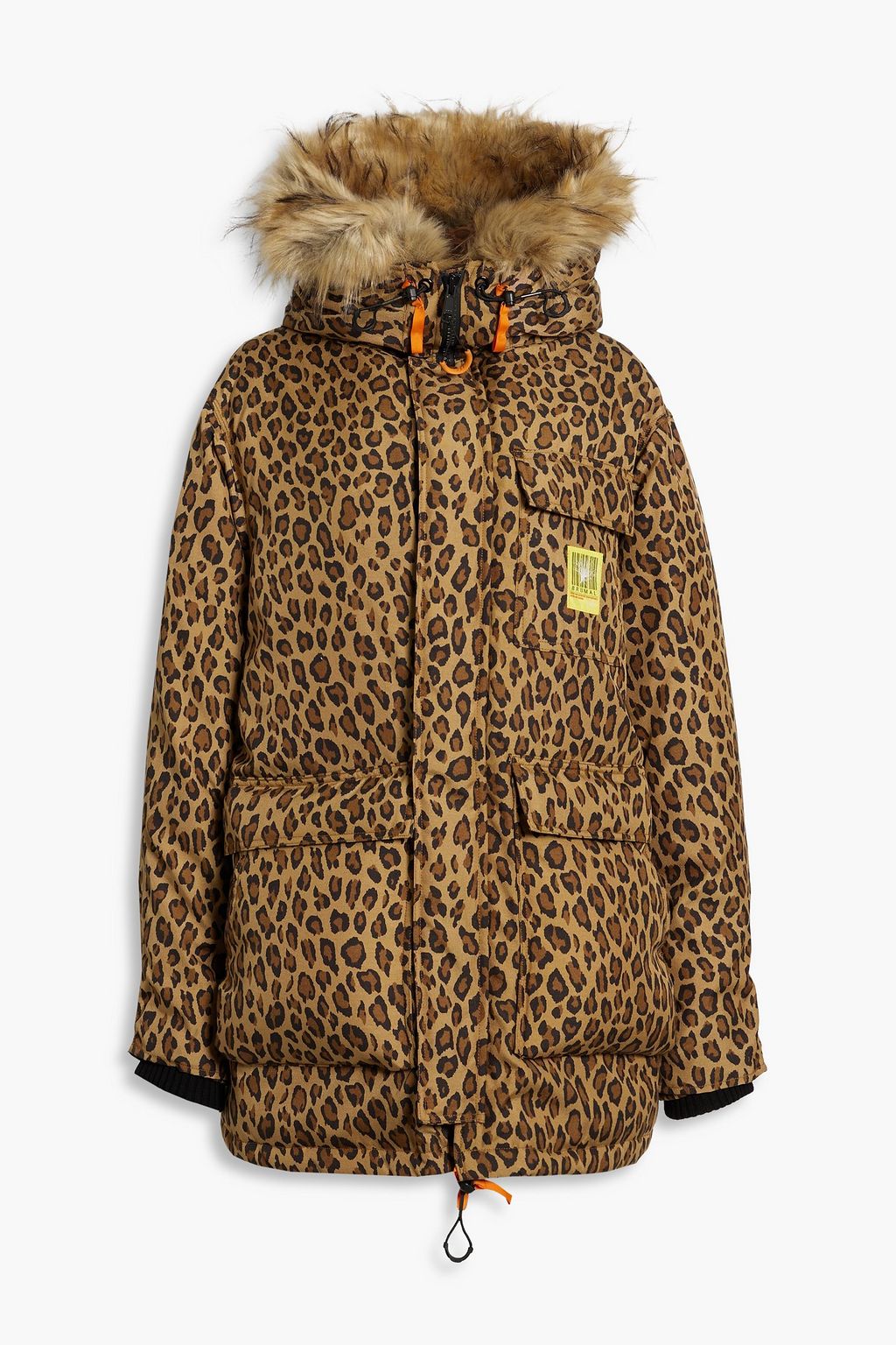 Leopard print quilted shell hooded down parka