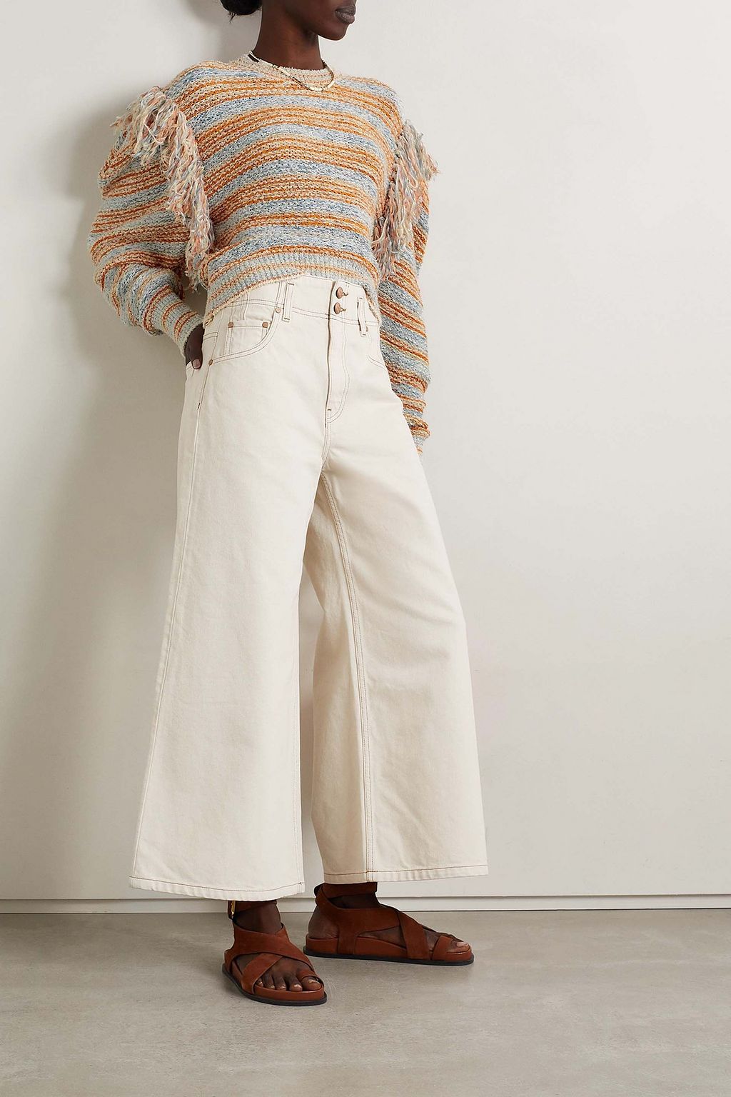 ULLA JOHNSON コットン混 セーター フリンジ付き ストライプ