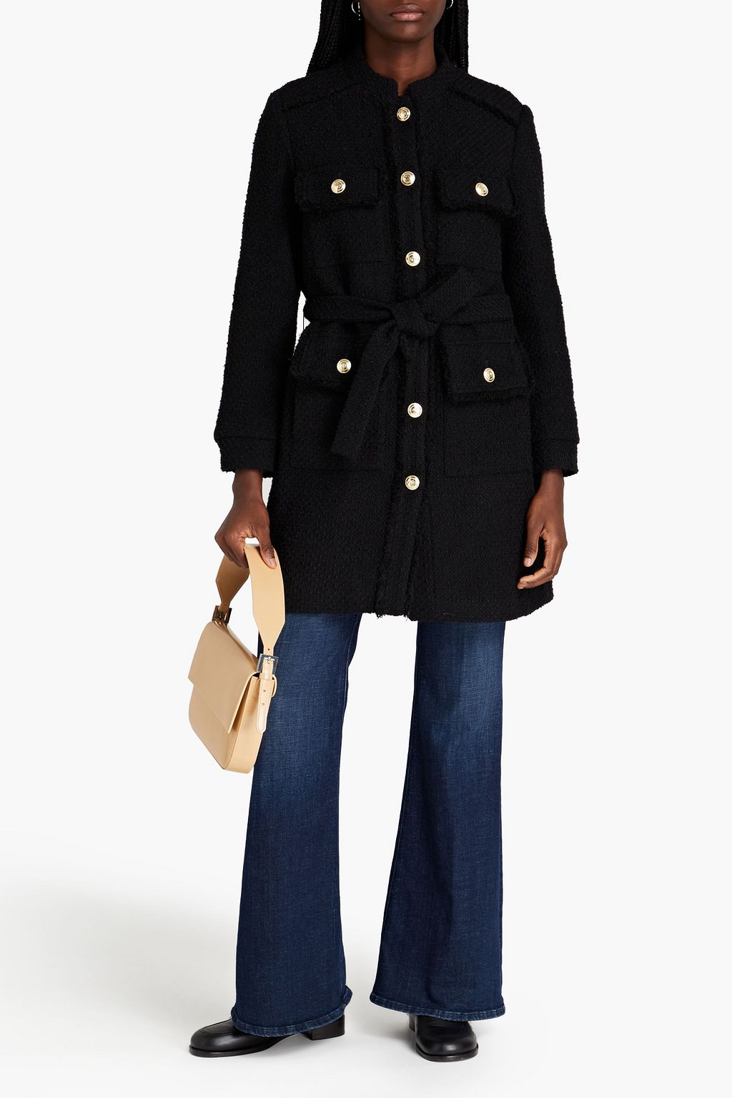 MAJE Belted bouclé-tweed coat