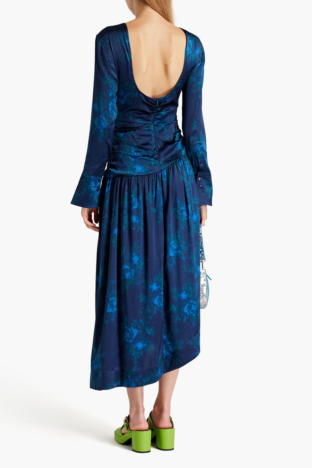 GANNI Ruched floral-print stretch-silk satin midi dress
