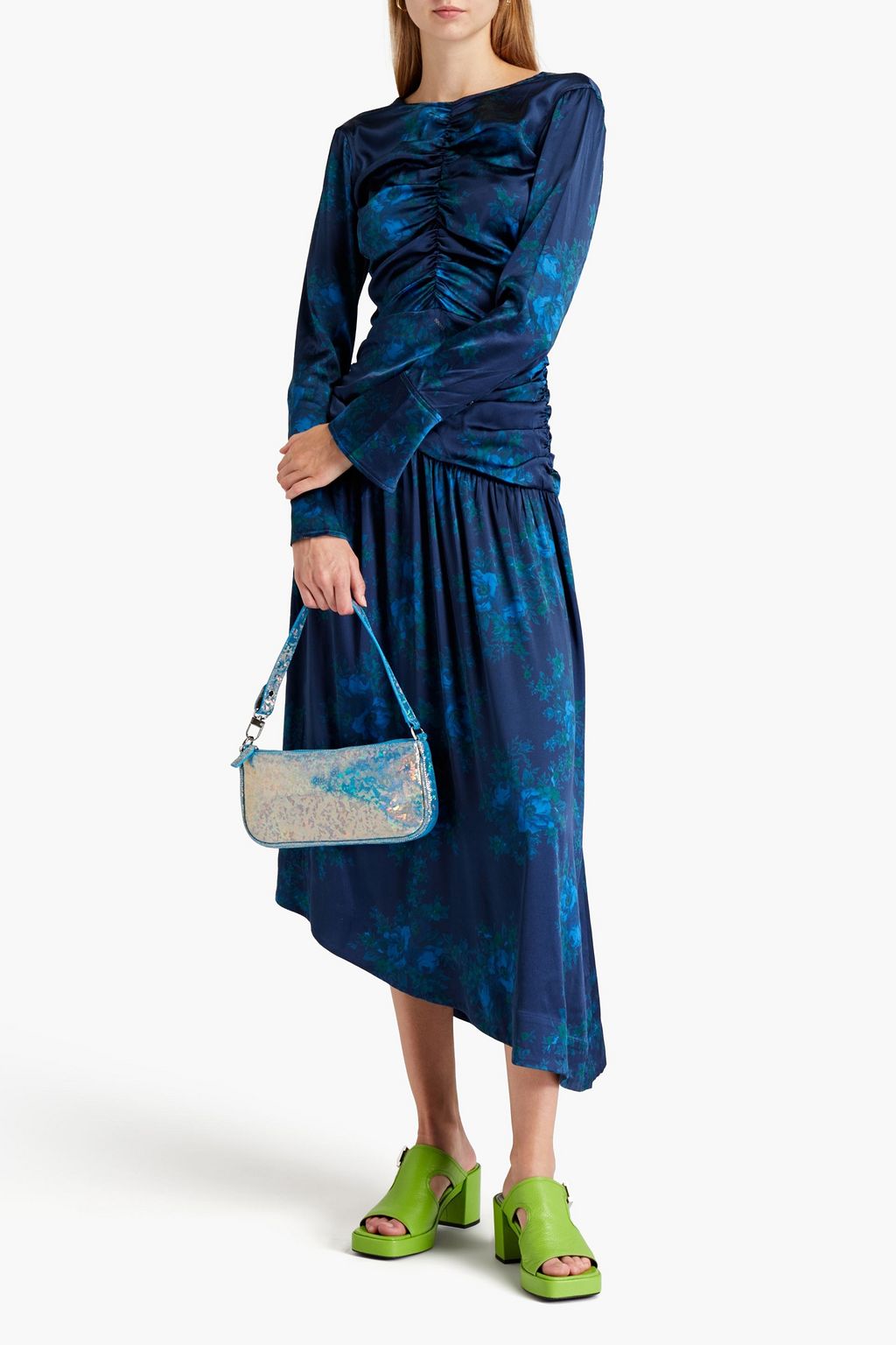 GANNI Ruched floral-print stretch-silk satin midi dress
