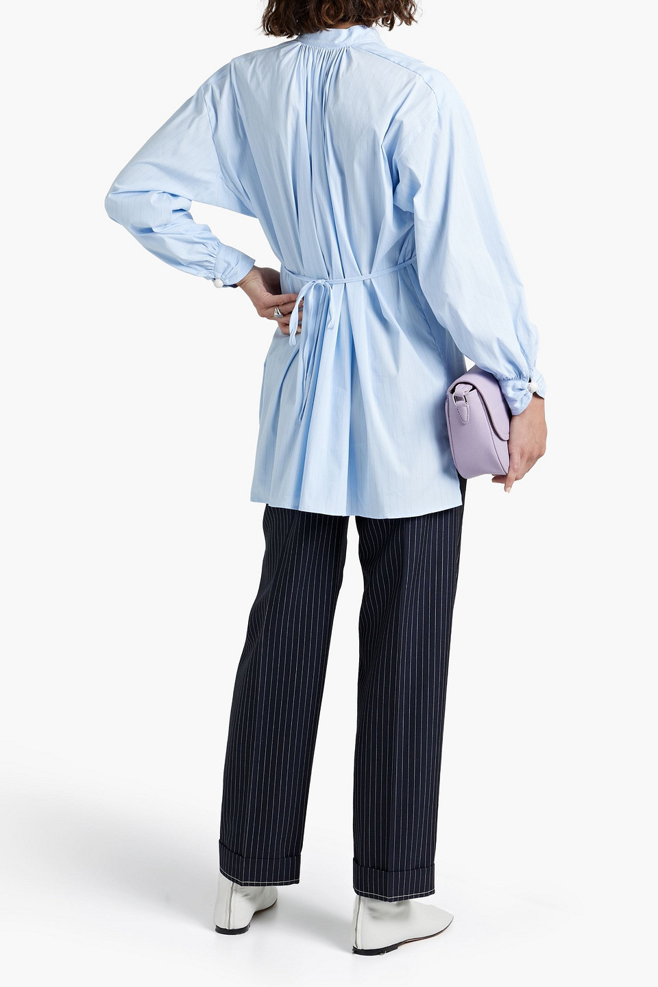 Palmer Harding Gathered Striped Cotton-blend Poplin Shirt In Light Blue