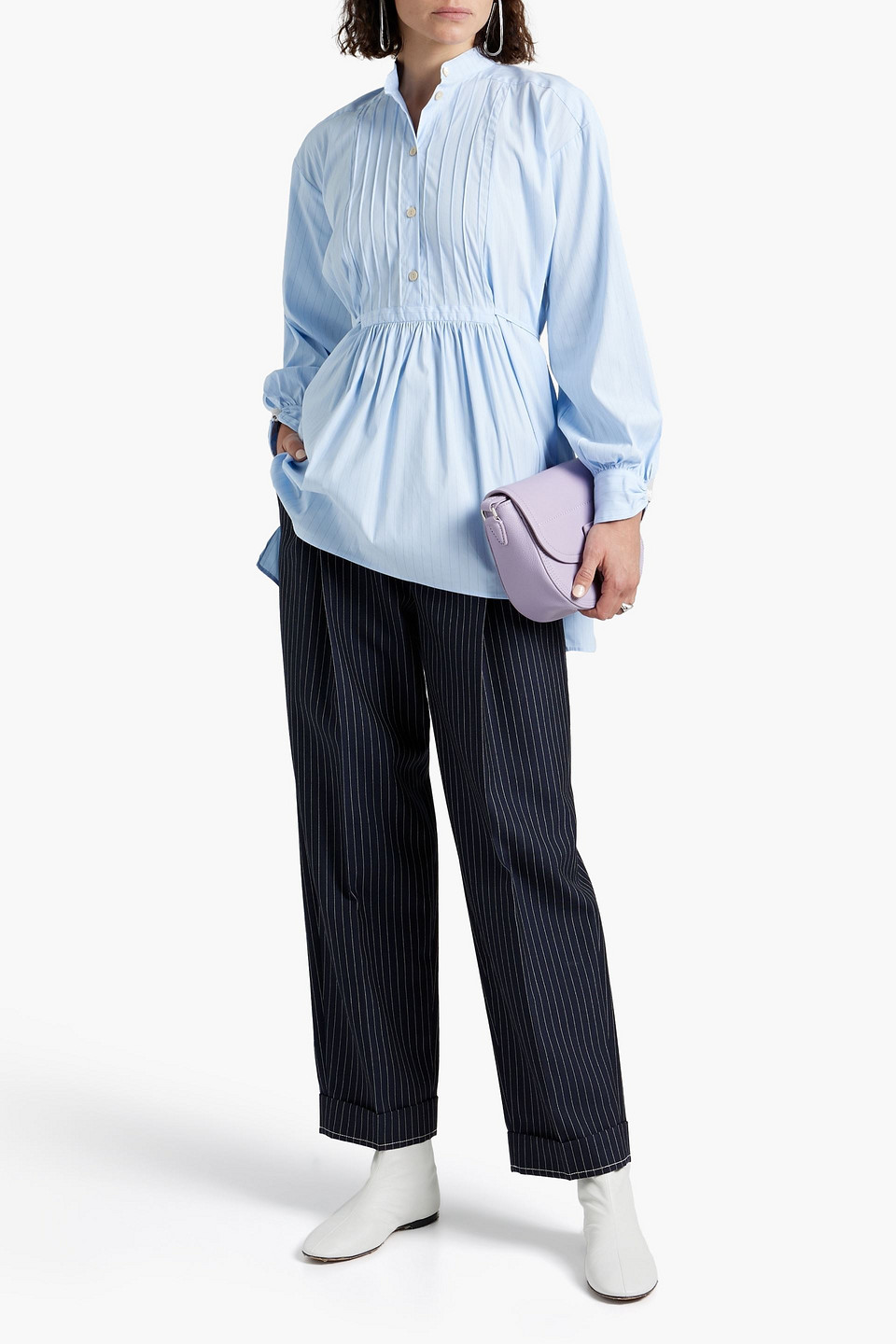 Palmer Harding Gathered Striped Cotton-blend Poplin Shirt In Light Blue