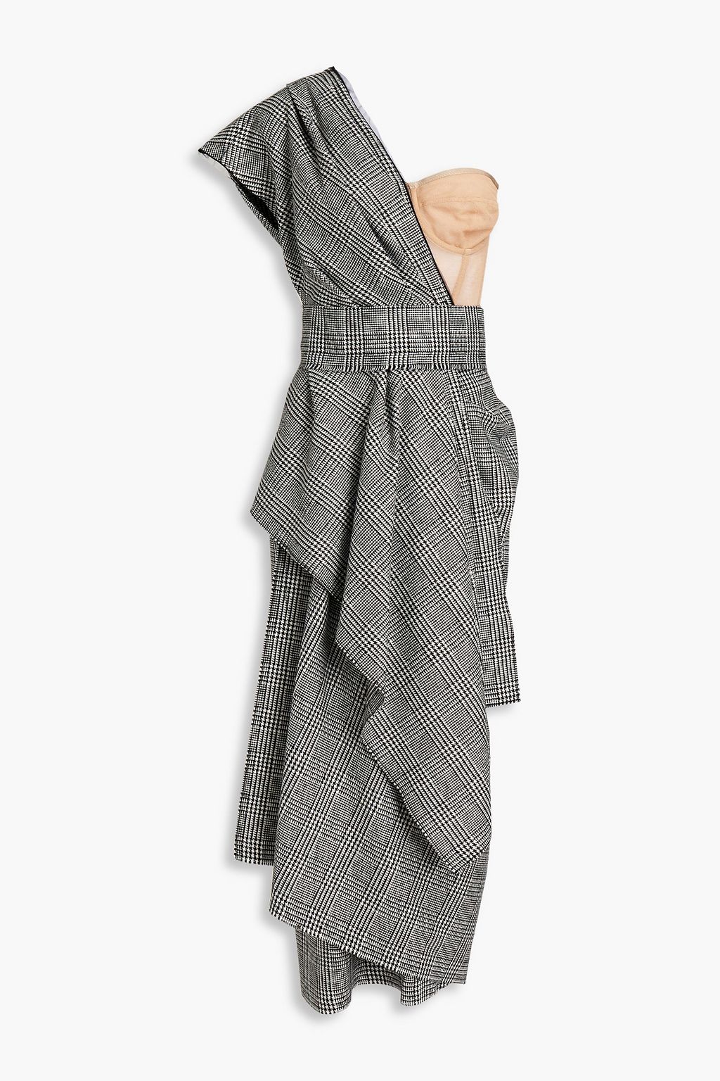 ブラック ツイード ミディワンピース ワンショルダー チュールパネル ハウンドトゥース Dolce Gabbana The Outnet