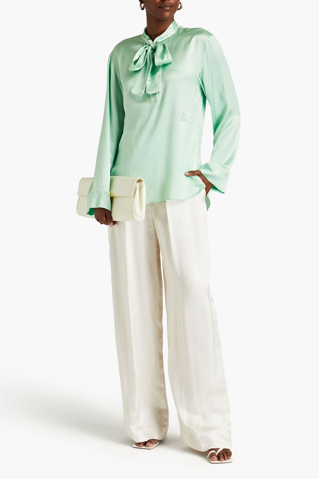 DOLCE&GABBANA Pussy-bow embroidered silk-charmeuse blouse