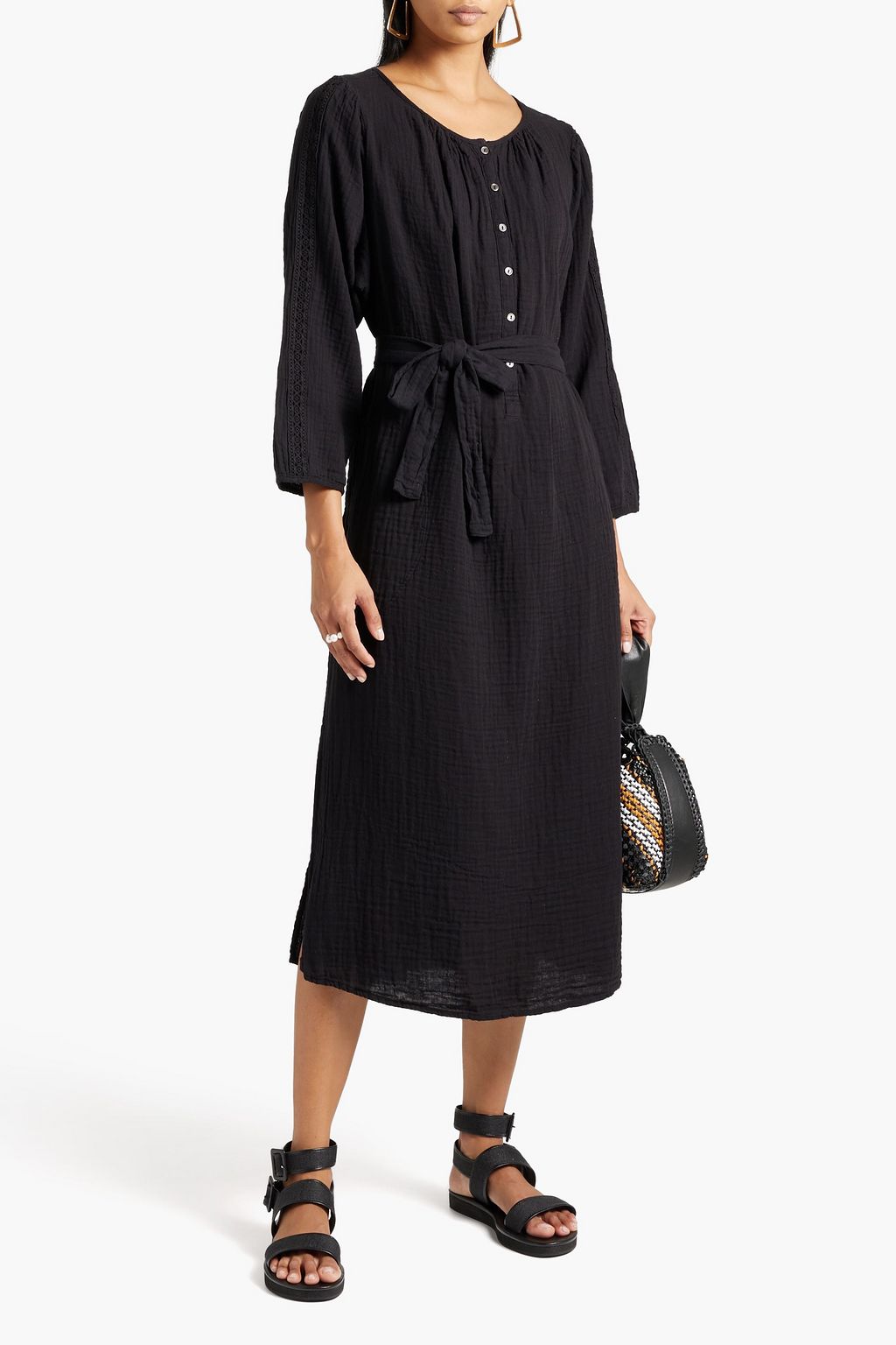 VELVET BY GRAHAM & SPENCER Crystal belted lace-trimmed cotton-gauze midi dress