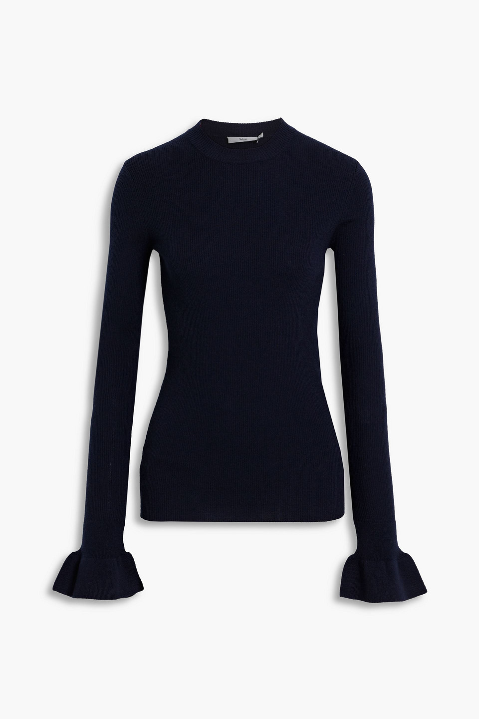 Safiyaa Ginny Ruffled Ribbed Cashmere Sweater In Navy