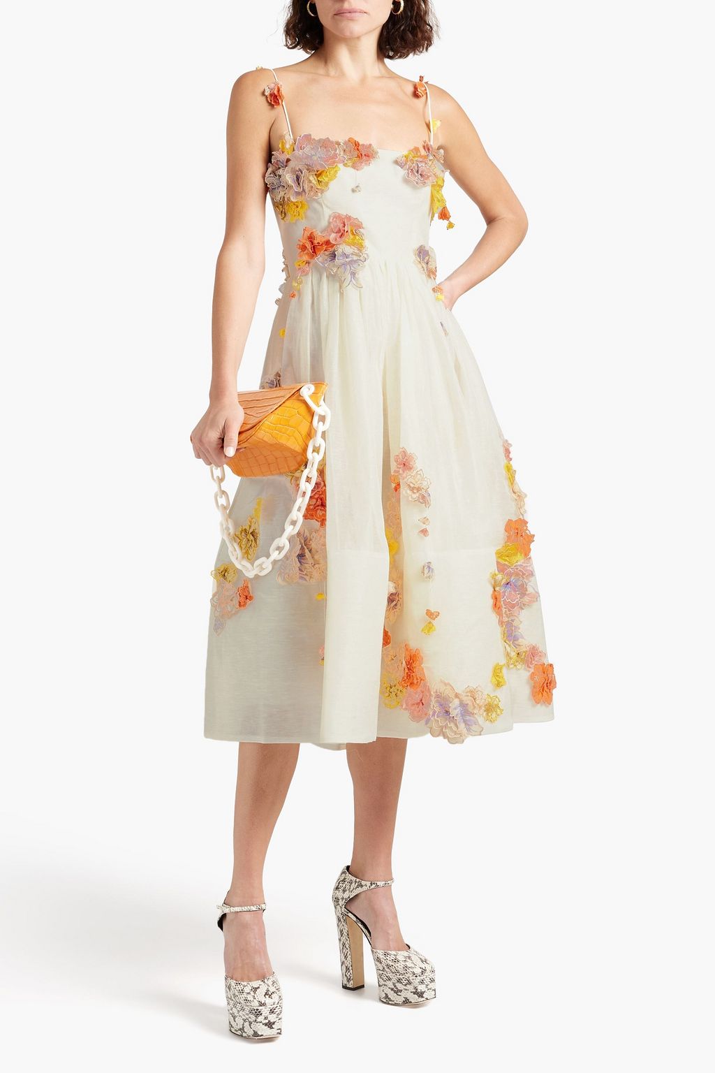 ZIMMERMANN Postcard floralappliquéd linen and silkblend gauze midi