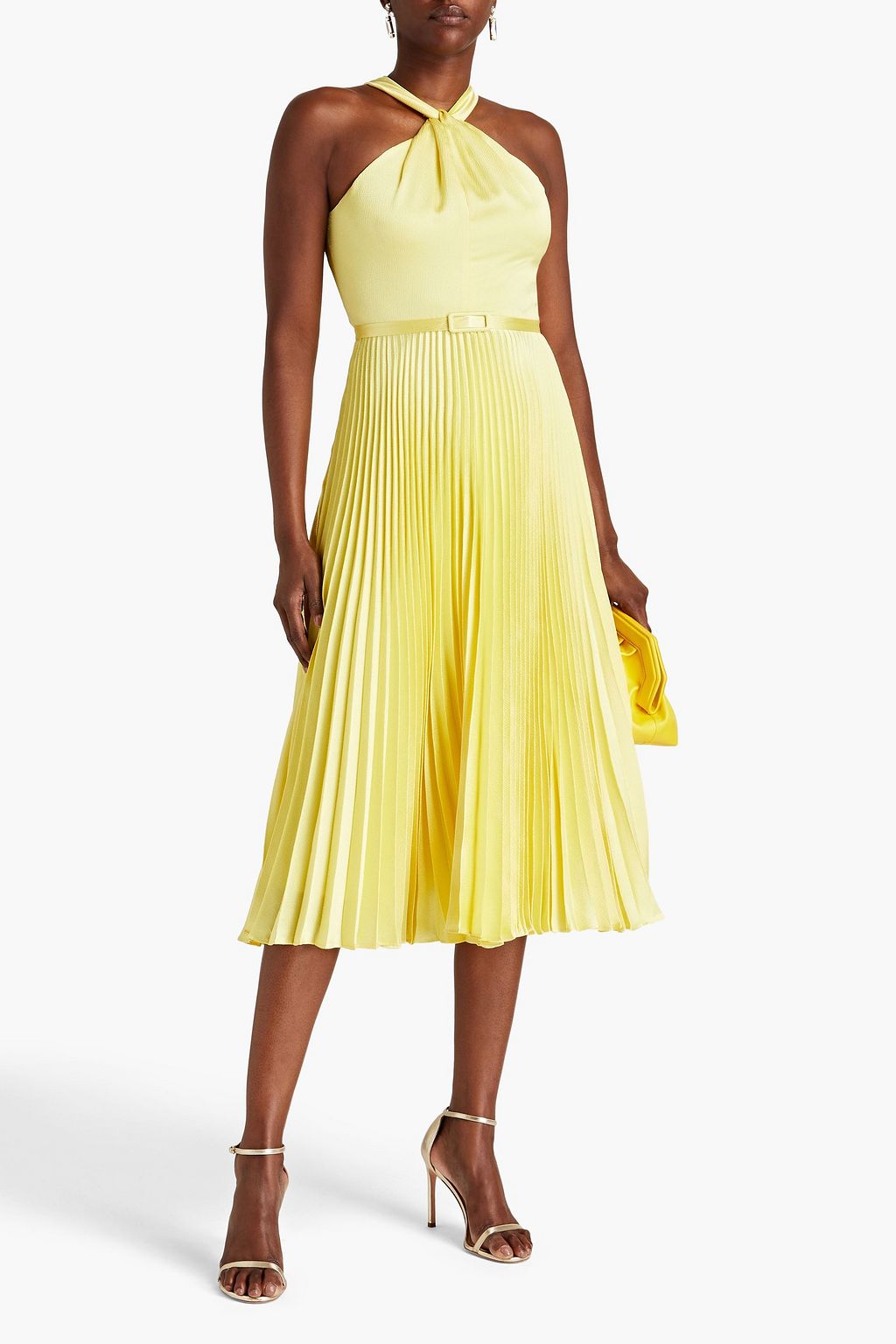 ML MONIQUE LHUILLIER Pleated hammered-satin midi dress