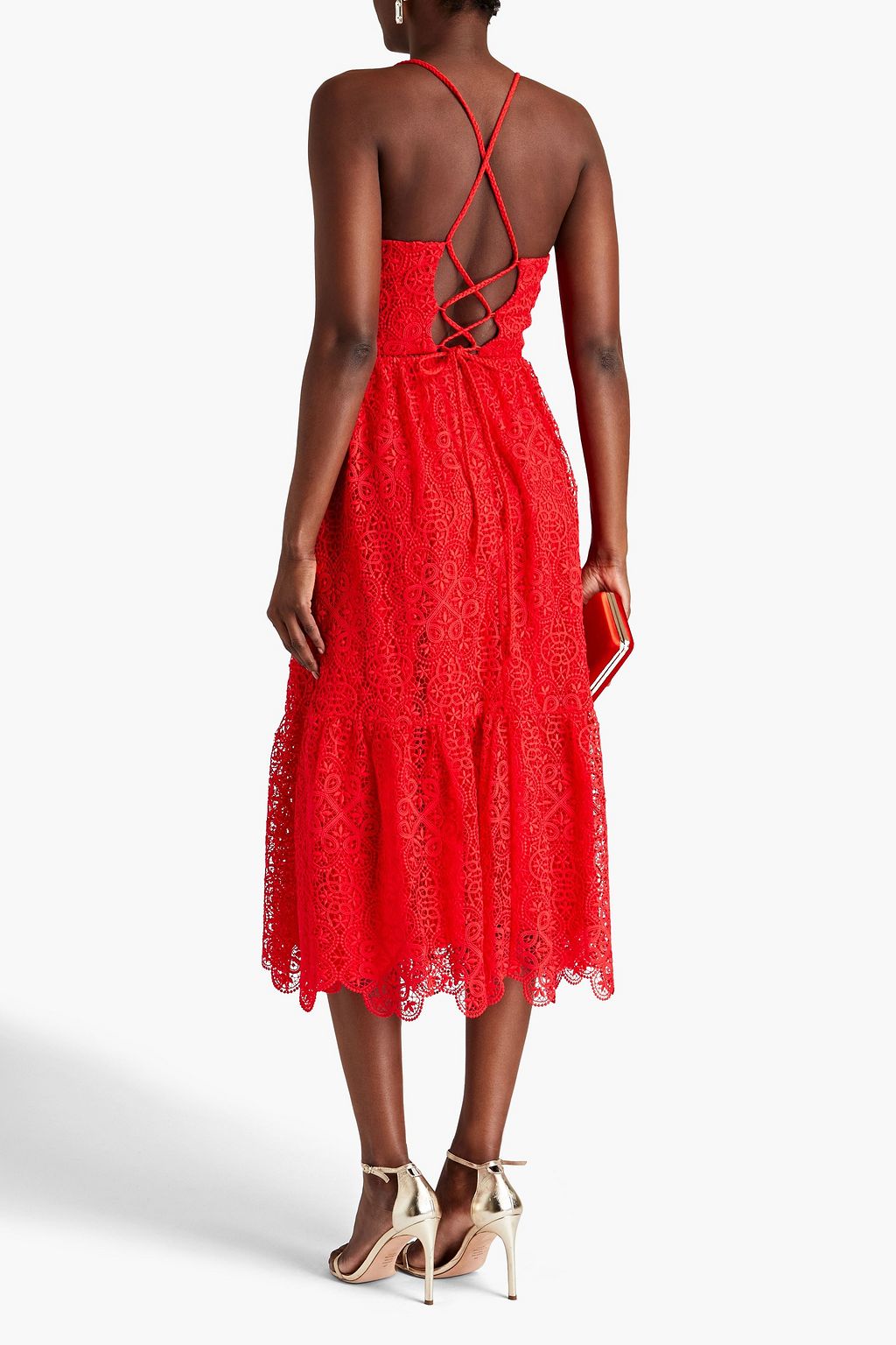 ML MONIQUE LHUILLIER Twist-front cutout guipure lace midi dress