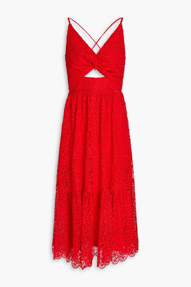 Twist-front cutout guipure lace midi dress