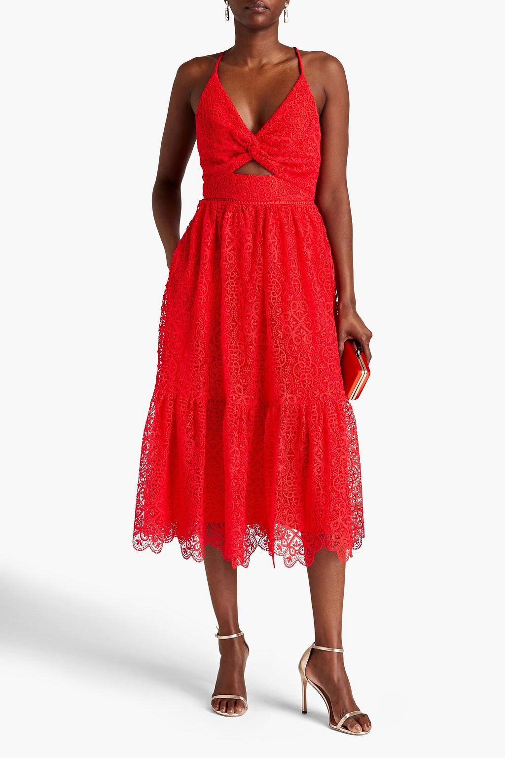 ML MONIQUE LHUILLIER Twist-front cutout guipure lace midi dress