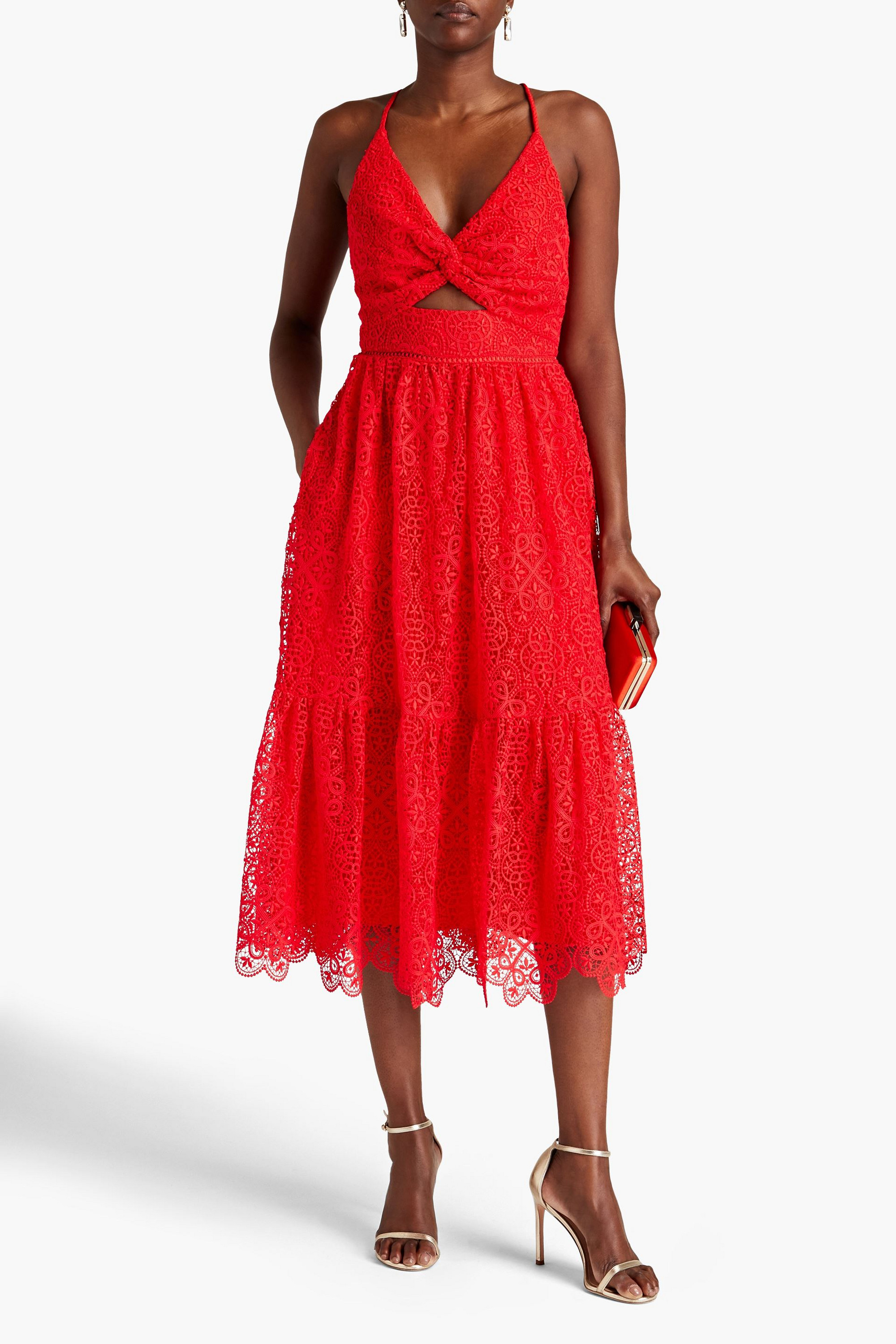 ML MONIQUE LHUILLIER Twist-front cutout guipure lace midi dress