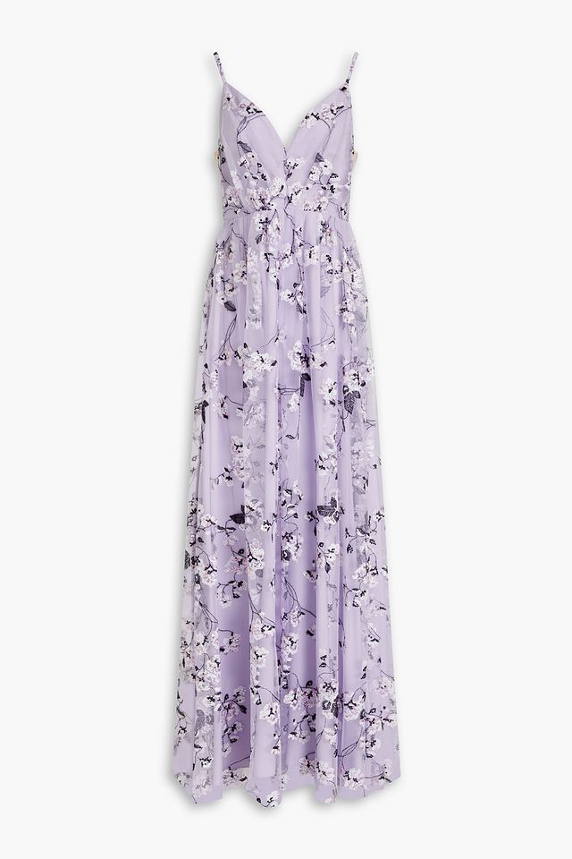 Floral-design embroidered tulle maxi dress