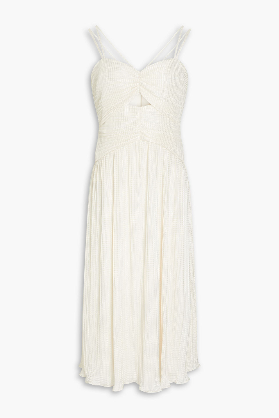 ml Monique Lhuillier Ruched Plissé Jacquard Midi Dress In Ivory
