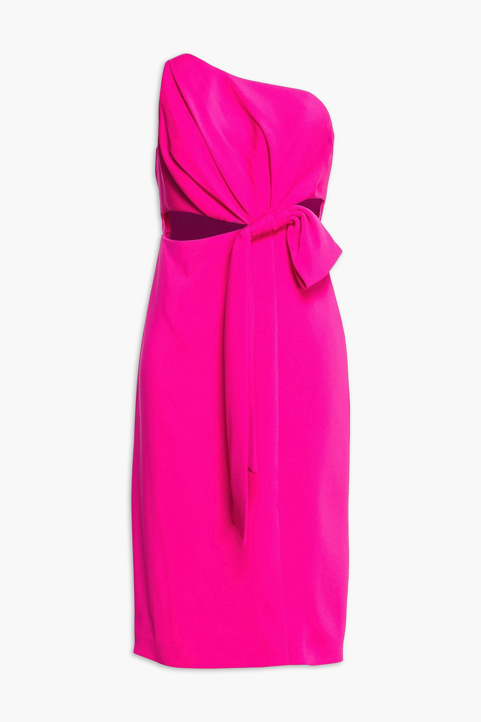 Shop ml Monique Lhuillier One-shoulder Bow-embellished Cutout Crepe Dress In Bright Pink